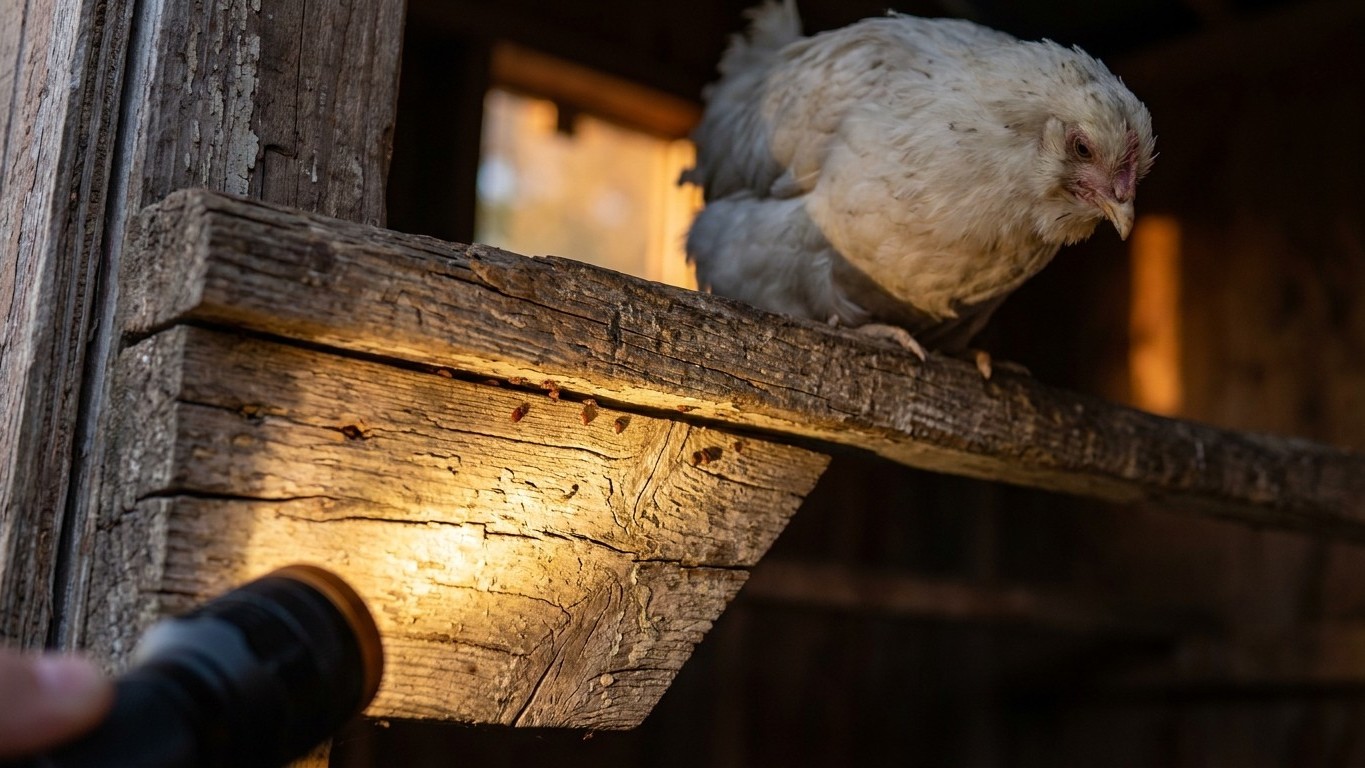 J'ai poudré mes poules une par une tout l'été juste pour arrêter les démangeaisons : le soir où j'ai éclairé sous le perch...