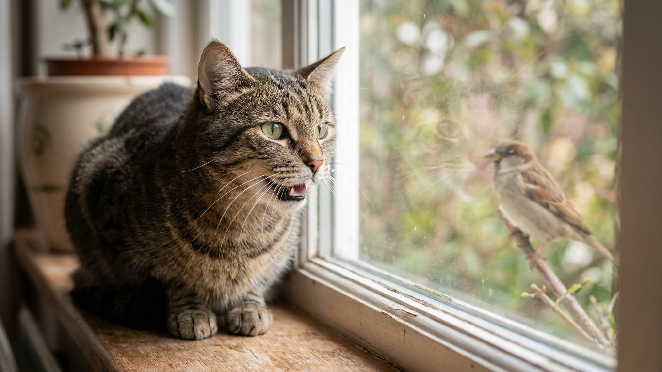 Mon chat claque des dents derrière la vitre dès qu'une mésange se pose et ce n'est pas de l'excitation